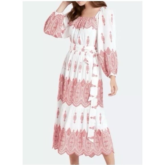 Marie Oliver Maxi Dress S Small White Red Embroidered Colorful Smocked - Picture 4 of 16
